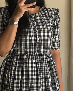  Cotton Suit black and white cotton middy gown with checkered pattern and button front detail