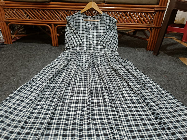  Cotton Suit black and white cotton middy gown with plaid pattern and gathered waist detail