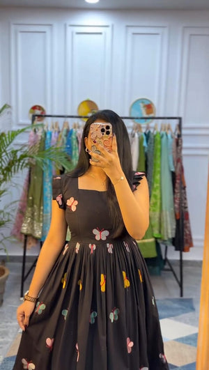  Cotton Suit black butterfly embroidery midi dress with colorful butterfly designs and ruffle sleeves