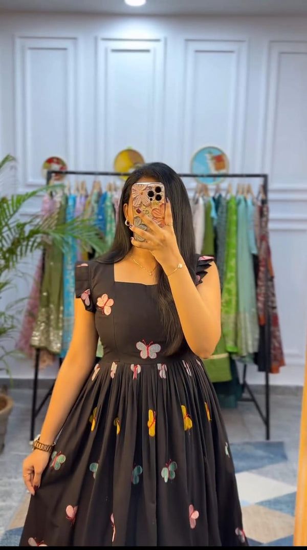  Cotton Suit black butterfly embroidery midi dress with flutter sleeves and fitted bodice