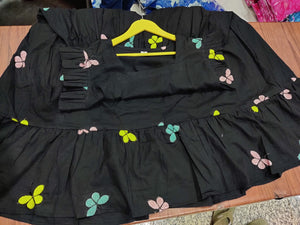  Cotton Suit black butterfly embroidery midi dress with colorful butterfly designs and ruffled sleeves