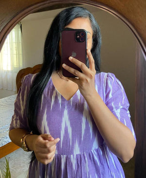  Cotton Suit blue arrow print midi dress gown with purple and white pattern and V-neck design