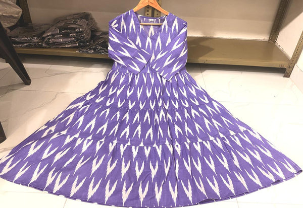  Cotton Suit blue arrow print midi dress gown with long sleeves and flared skirt