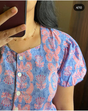 Sugamdha blue cotton midi dress with floral print and puff sleeves buttons in front