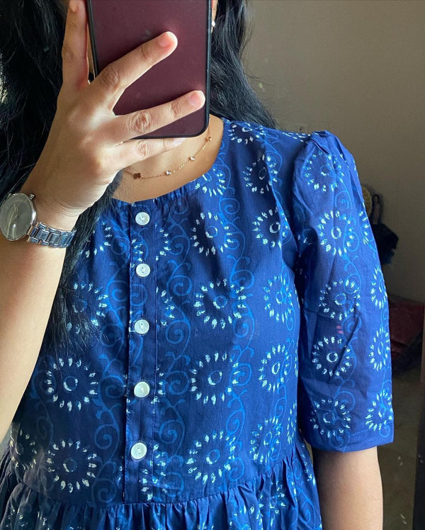 Blue cotton midi dress for women with floral print and button-down front design