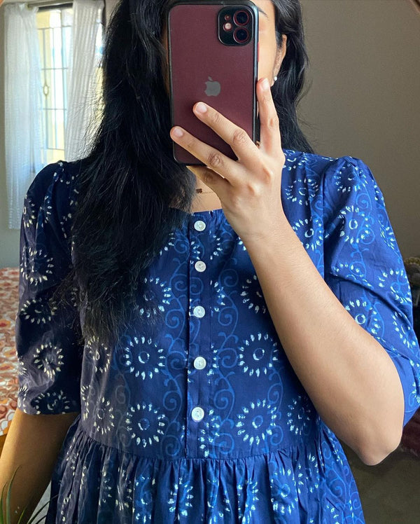 Blue cotton midi dress for women with button front and floral print by Jaipuri Pehnawa