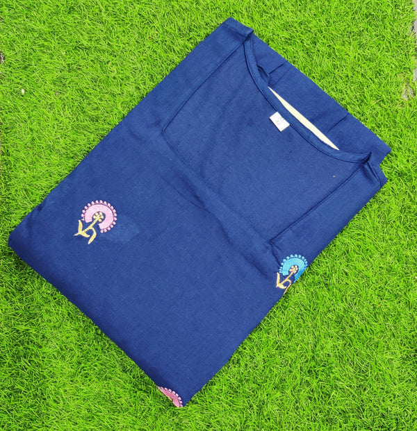  Cotton Suit blue cotton midi gown for women folded on green grass background with embroidery