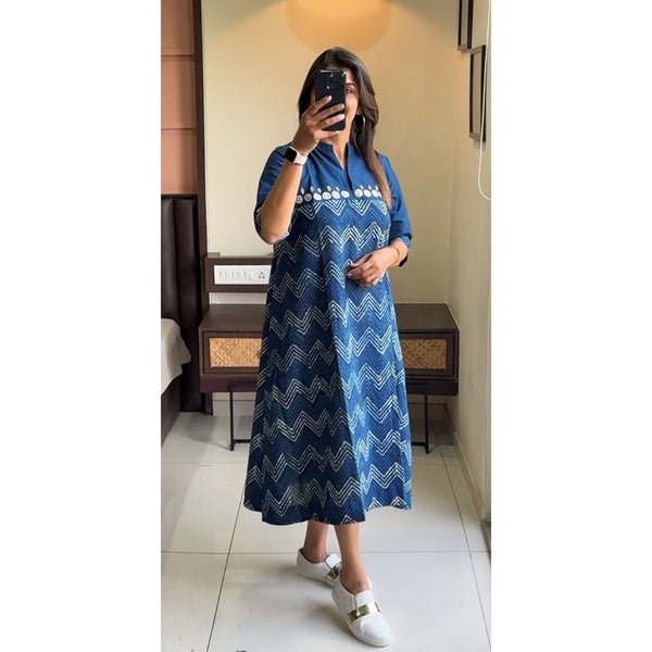 Blue cotton midi gown for women by  Cotton Suit featuring white geometric patterns and a comfortable fit