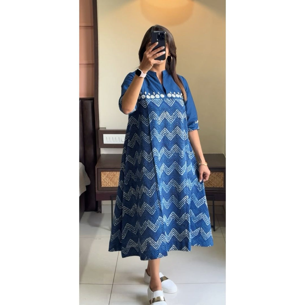  Cotton Suit blue cotton midi gown for women with white zigzag patterns and embroidered neckline