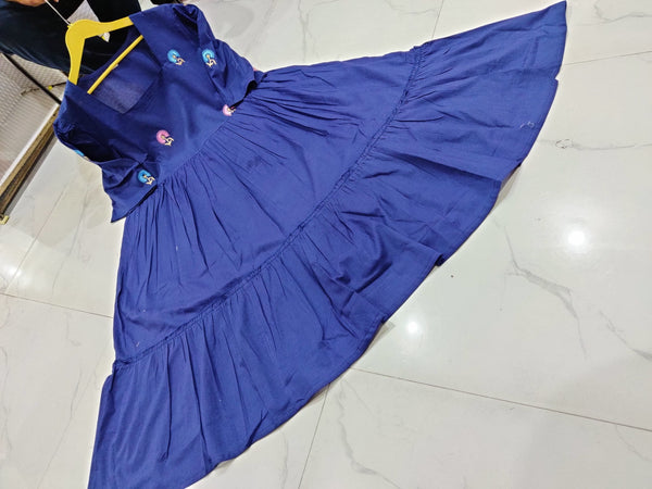  Cotton Suit blue cotton midi gown for women with embroidered floral designs and tiered skirt