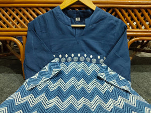  Cotton Suit blue cotton midi gown for women with zigzag pattern and embroidered details