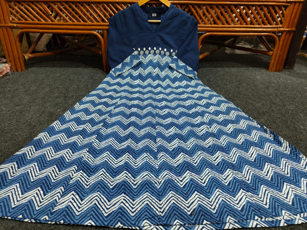  Cotton Suit blue cotton midi gown for women with zigzag pattern and embroidered bodice