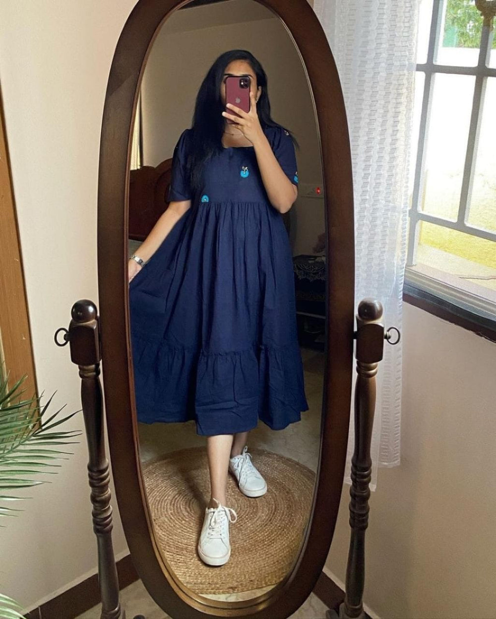  Cotton Suit blue cotton midi gown for women with short sleeves and relaxed fit worn with white sneakers