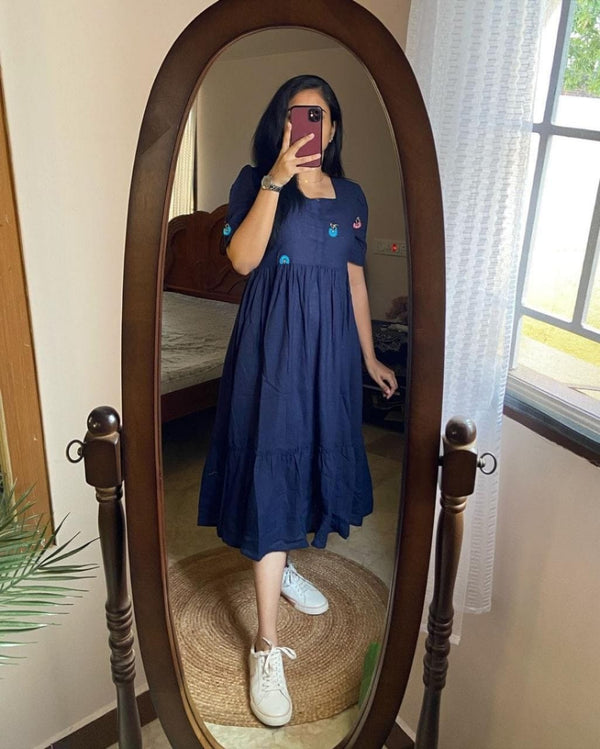 Blue cotton midi gown for women by  Cotton Suit with embroidered details and comfortable fit