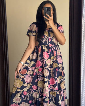  Cotton Suit blue floral cotton midi dress gown with short sleeves and tiered skirt