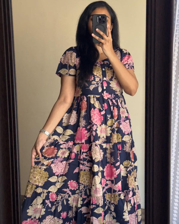  Cotton Suit blue floral cotton midi dress gown with short sleeves and tiered skirt