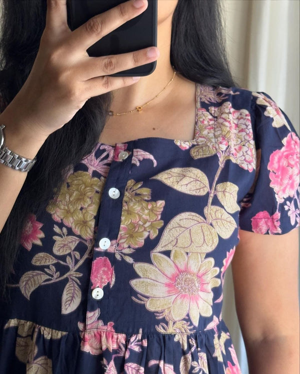  Cotton Suit blue floral cotton midi dress with button front and short puff sleeves