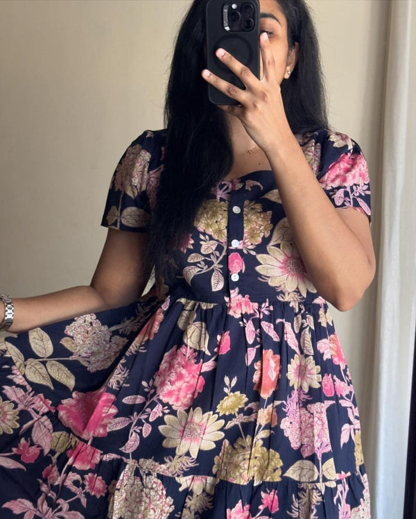  Cotton Suit blue floral cotton midi dress with short sleeves and button front design
