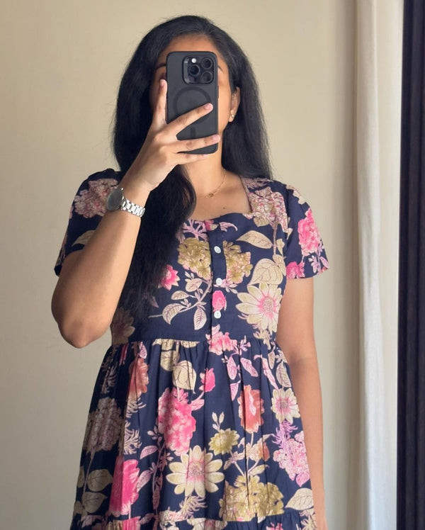  Cotton Suit blue floral cotton midi dress with short sleeves and button front detail