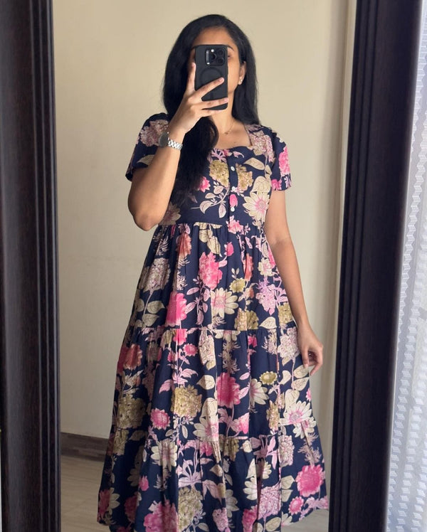  Cotton Suit blue floral cotton midi dress gown with short sleeves and pink flower print
