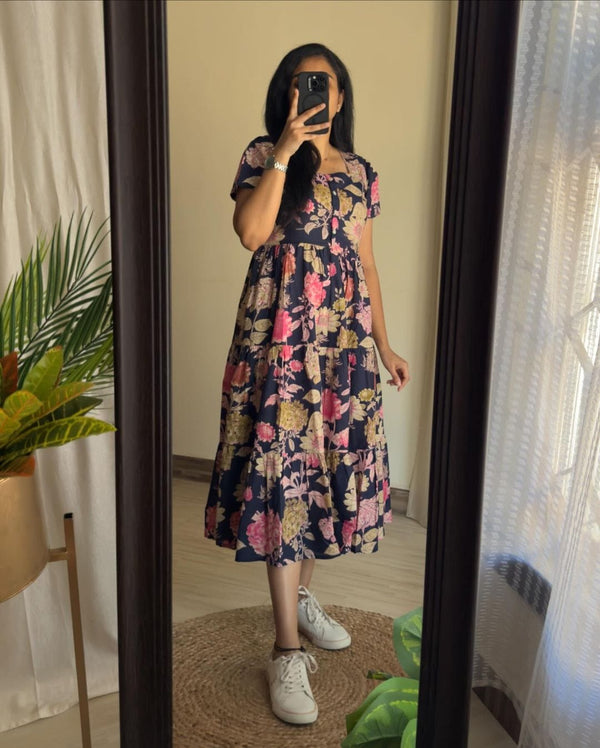  Cotton Suit blue floral cotton midi dress worn by woman with short sleeves and tiered skirt