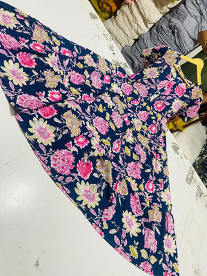  Cotton Suit blue floral cotton midi dress with vibrant pink and yellow flowers on a navy background