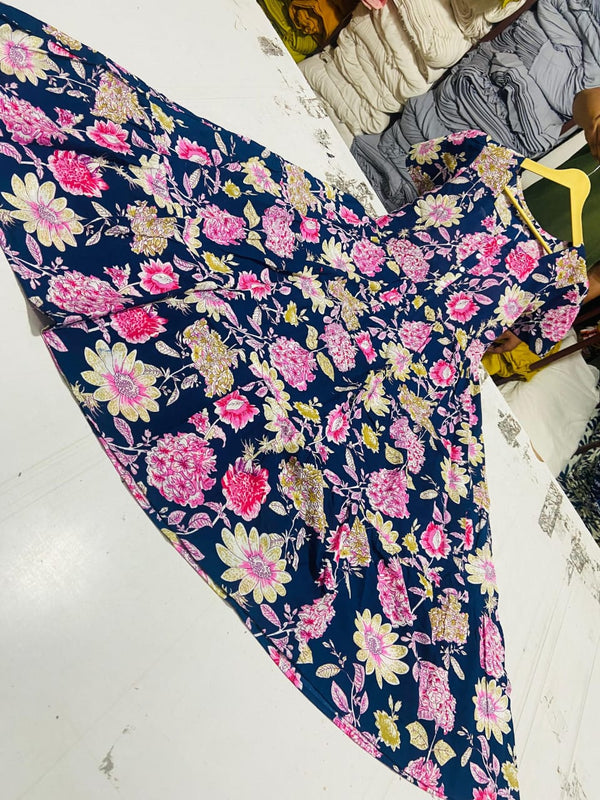  Cotton Suit blue floral cotton midi dress with vibrant pink and yellow flowers on a navy background
