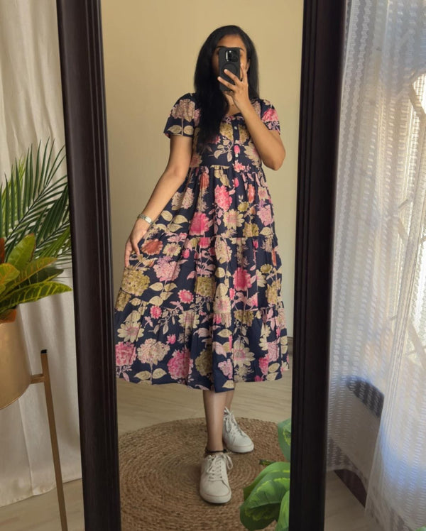  Cotton Suit blue floral cotton midi dress worn by woman with white sneakers in front of mirror