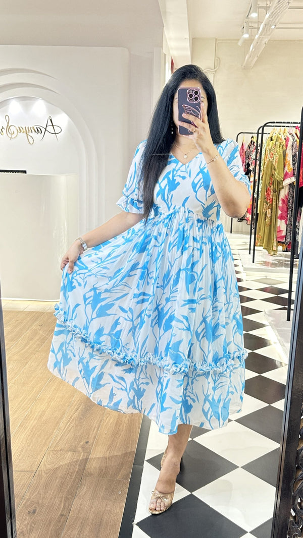 Cotton Suit women's casual cotton midi dress in white and blue floral print with short puff sleeves