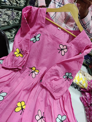 Cotton Suit pink gown with colorful butterfly embroidery gown details on puff sleeves and skirt