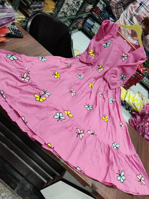 Cotton Suit pink butterfly embroidery gown with puff sleeves and flared skirt for women
