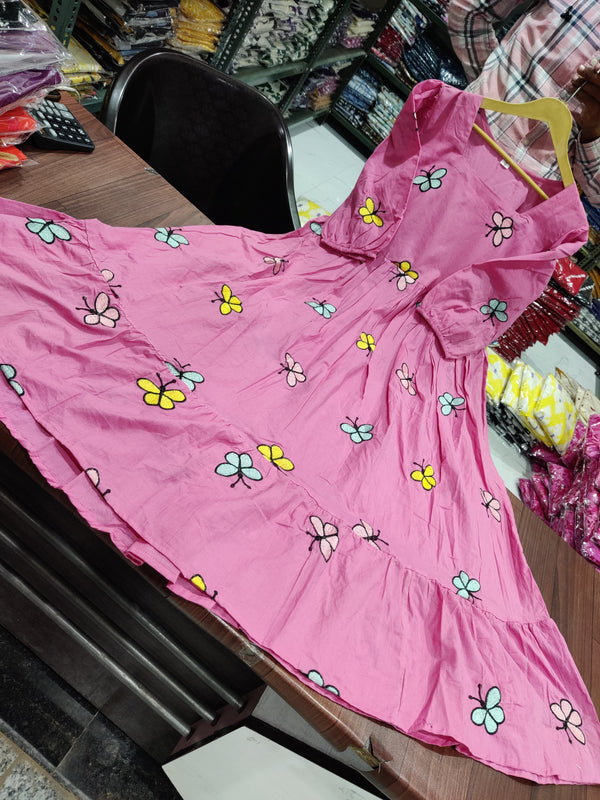 Cotton Suit pink butterfly embroidery gown with puff sleeves and flared skirt for women