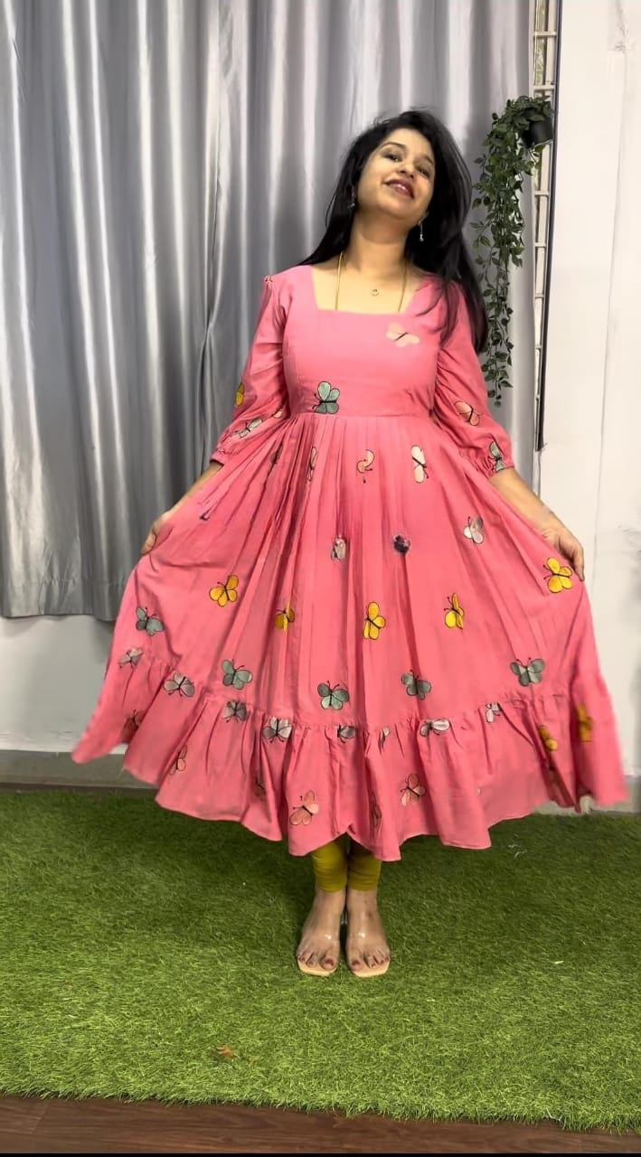 Cotton Suit pink butterfly embroidery gown with long sleeves and flared hem worn by woman