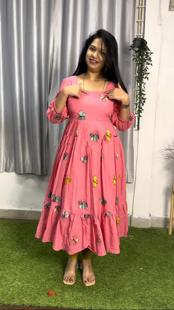 Cotton Suit pink butterfly embroidery gown with long sleeves and a flowing skirt