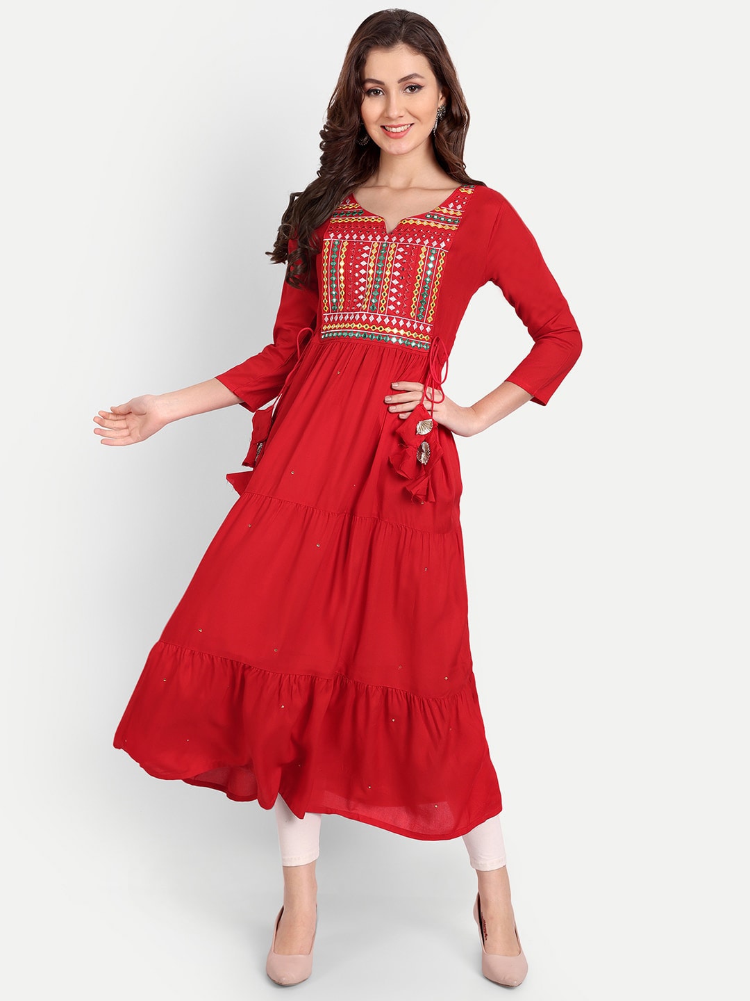 red Embellished Mirror Work Rayon A-line Kurta Gown