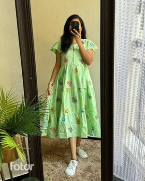 Cotton Suit casual cotton middy dress for women in light green with floral prints and short sleeves