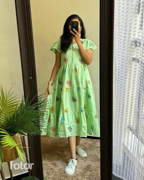 Cotton Suit casual cotton middy dress for women in light green with floral prints and short sleeves