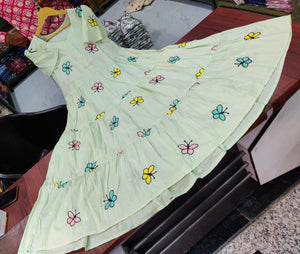 Cotton Suit casual cotton middy dress for women in light green with colorful butterfly prints