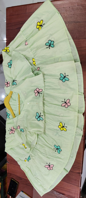  casual cotton middy dress for women in light green with colorful butterfly prints