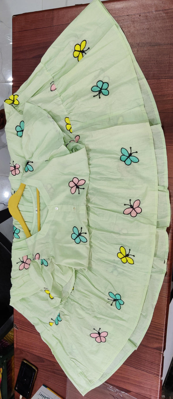  casual cotton middy dress for women in light green with colorful butterfly prints