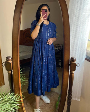Woman wearing blue casual summer cotton gown for women by Jaipuri Pehnawa taking a mirror selfie