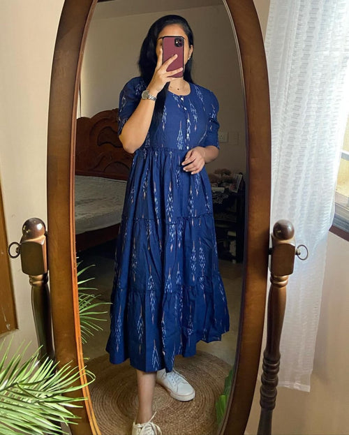 Woman wearing blue casual summer cotton gown for women by Jaipuri Pehnawa taking a mirror selfie