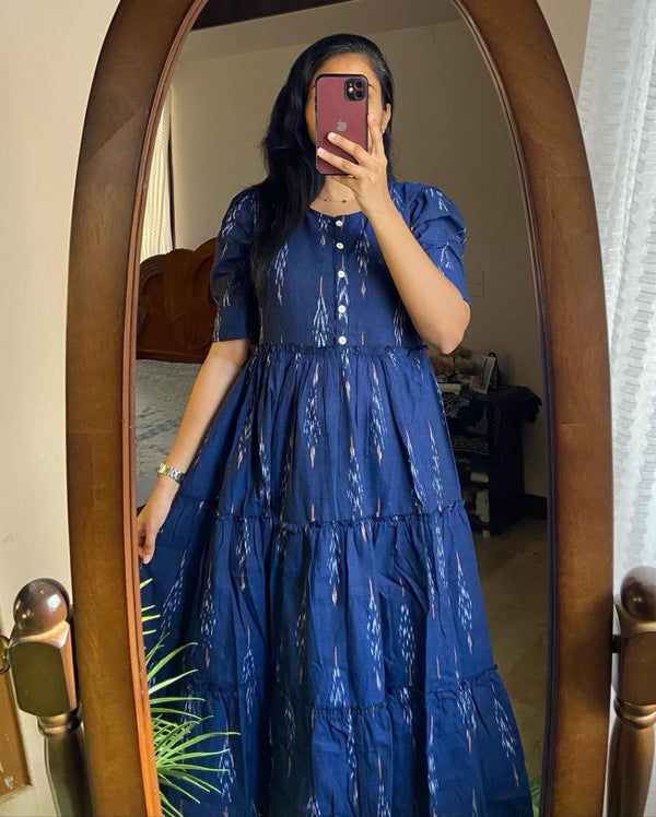Blue casual summer cotton gown for women by Jaipuri Pehnawa with button front and puff sleeves