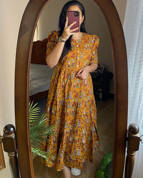 Cotton Suit comfortable summer dresses for everyday use with vibrant orange floral print and puff sleeves