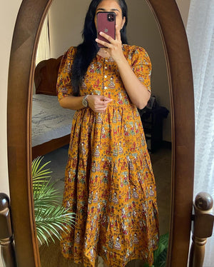 Cotton Suit mustard yellow printed comfortable summer dresses for everyday use with puff sleeves and front button design