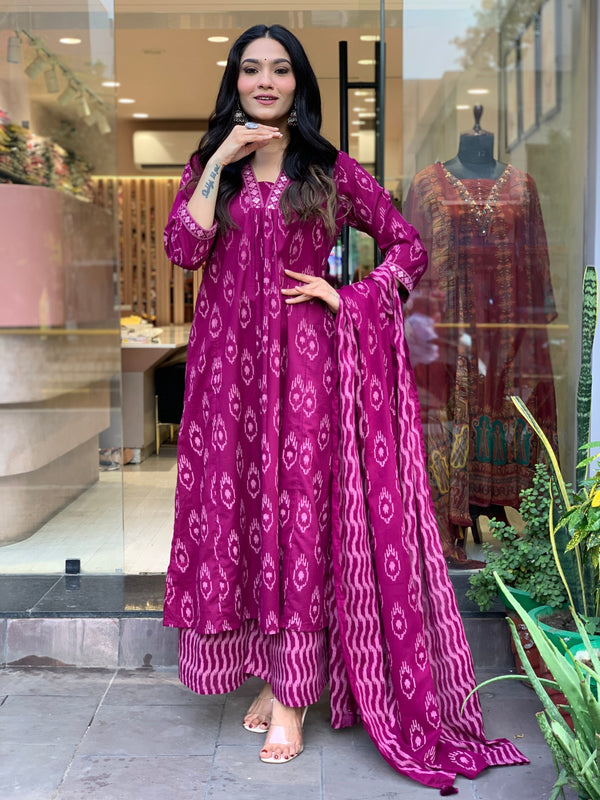 Cotton Suit cotton embroidered kurta pant dupatta set in magenta with traditional printed designs