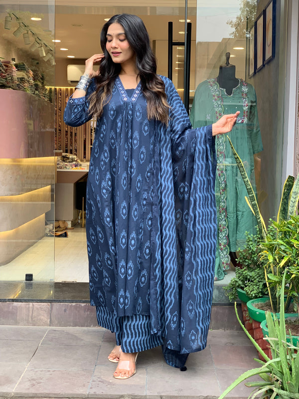 Cotton Suit cotton embroidered kurta pant dupatta set in blue with traditional patterns worn by woman