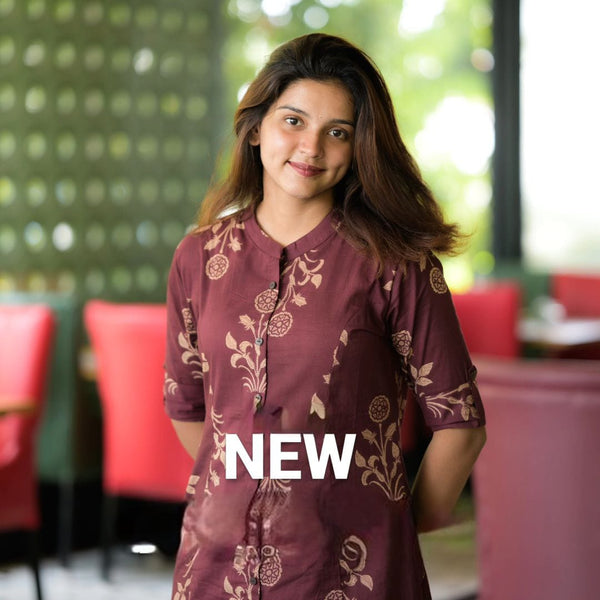 Shringaar maroon cotton floral co-ord set for women with button-down front and three-quarter sleeves