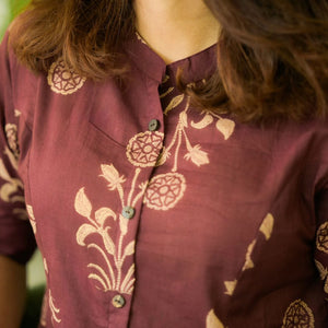Shringaar cotton floral co-ord set for women in maroon with beige floral patterns and button details