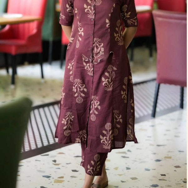Shringaar cotton floral co-ord set for women in maroon with beige floral patterns and buttoned kurta